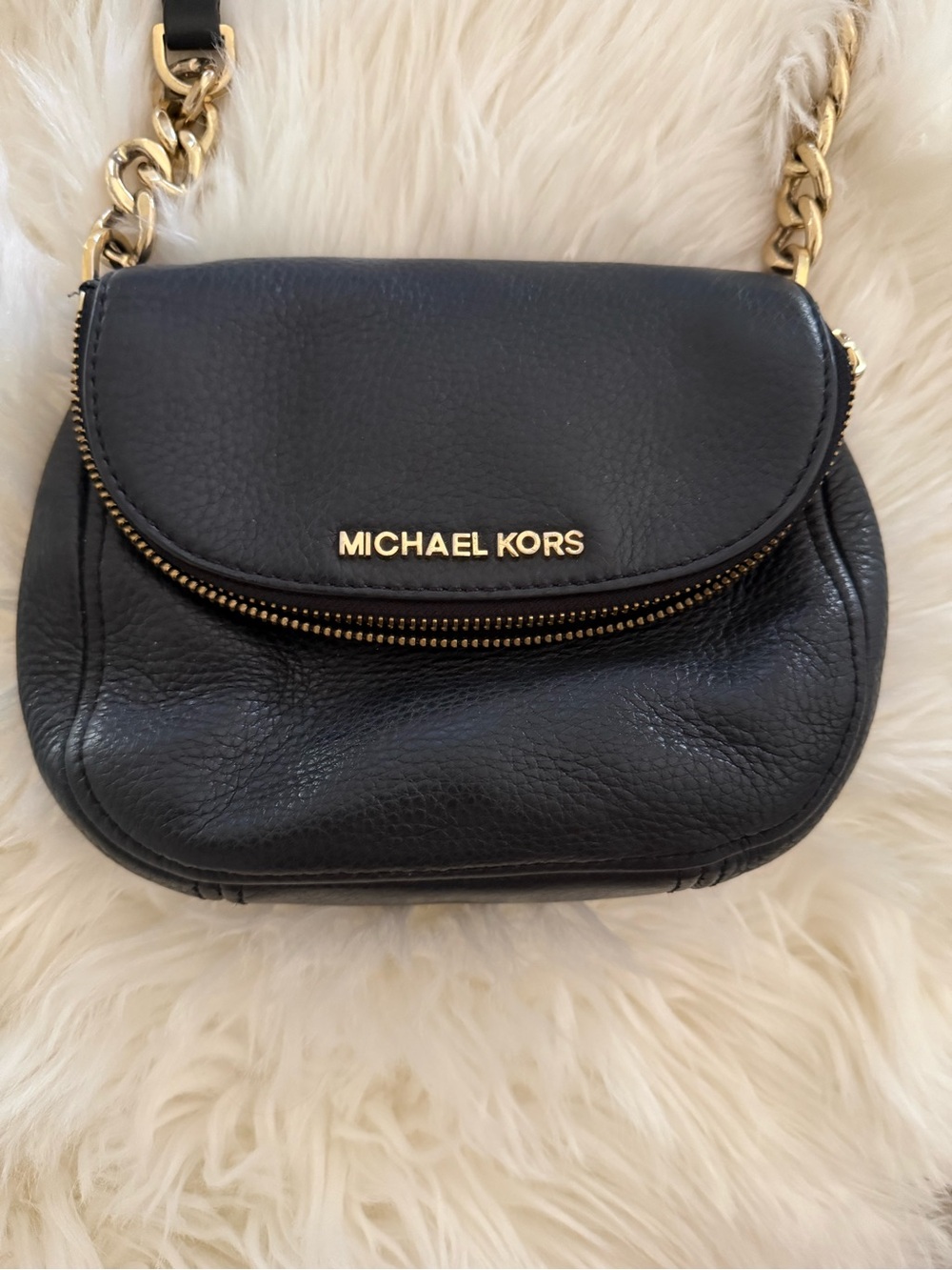Michael Kors Black Pebbled Leather Crossbody with Gold Chain Trim